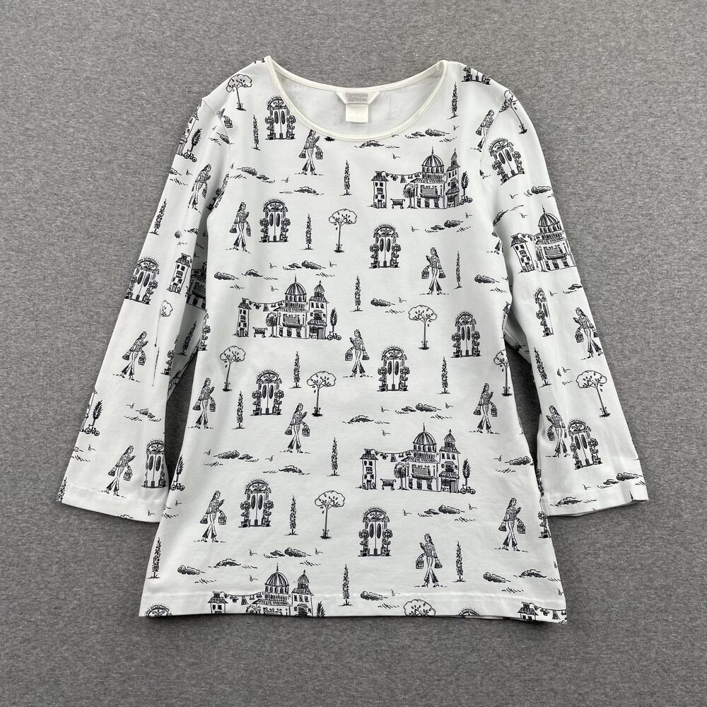 y2k Christopher & Banks Top Womens S White Black Toile Print 3/4 Sleeve Europe
